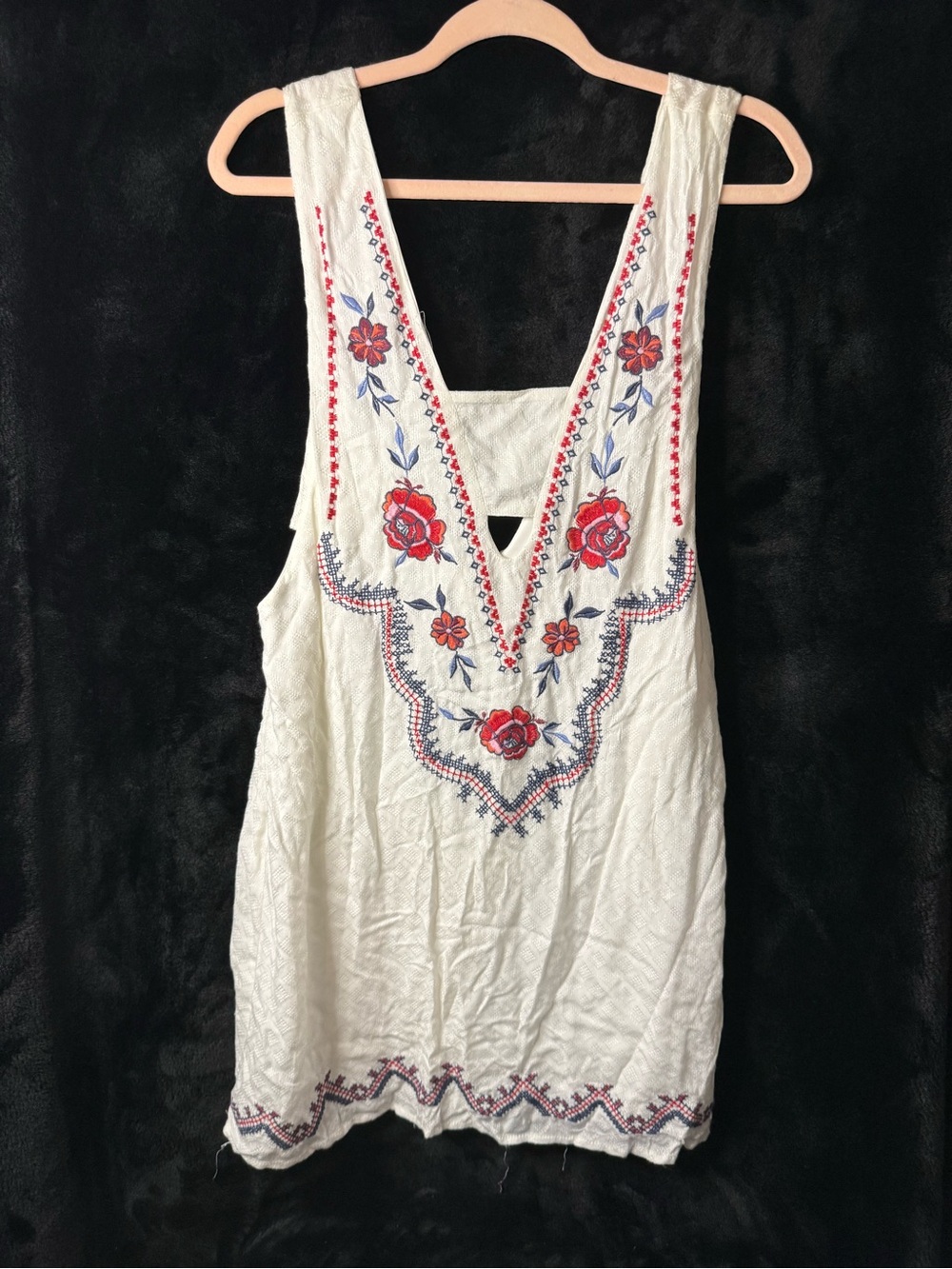 White Embroidered V-Neck Tank with Red & Blue Floral Detail